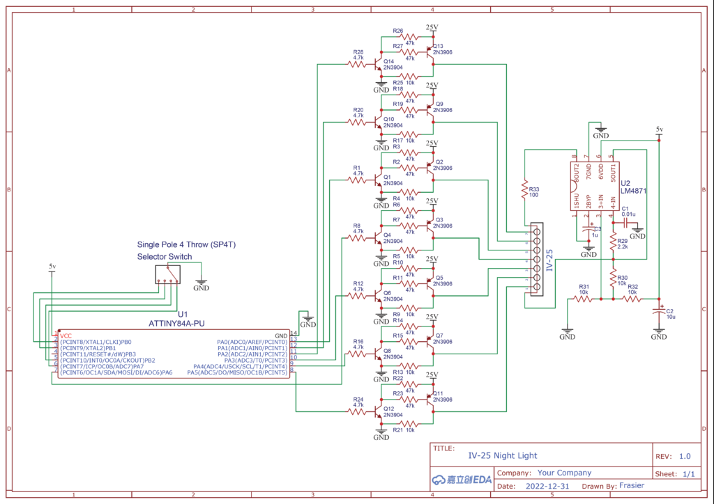 Schematics of VFD Night Light with Attiny84