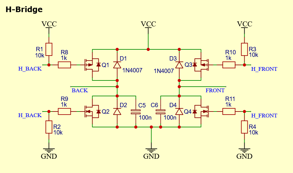 H-Bridge Schematic with flyback diodes and snubber capactitors for remote control car. Puente en H con diodos de flyback y condensadores de snubber para coche teledirigido.