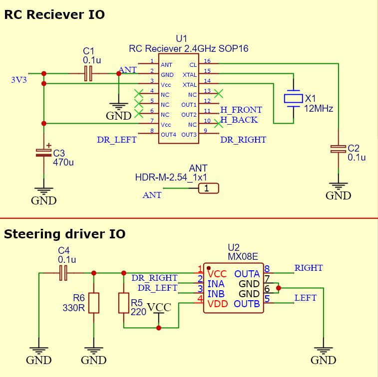 IC receiver and control steering IC of original remote control car. Integrados de recepción de señal y conducción del motor del coche teledirigido original. 