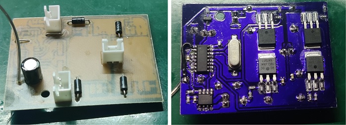 Top and bottom layers of the home made PCB. Caras top y bottom del PCB casero.