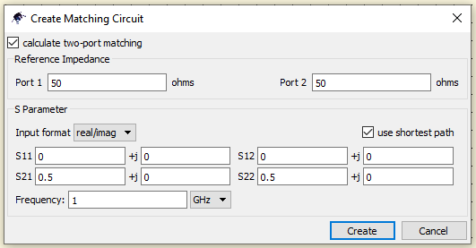 1-port and simultaneous 2-port matching in QucsStudio. Adaptación de impedancias de un puerto o simultánea de dos puertos en QucsStudio.