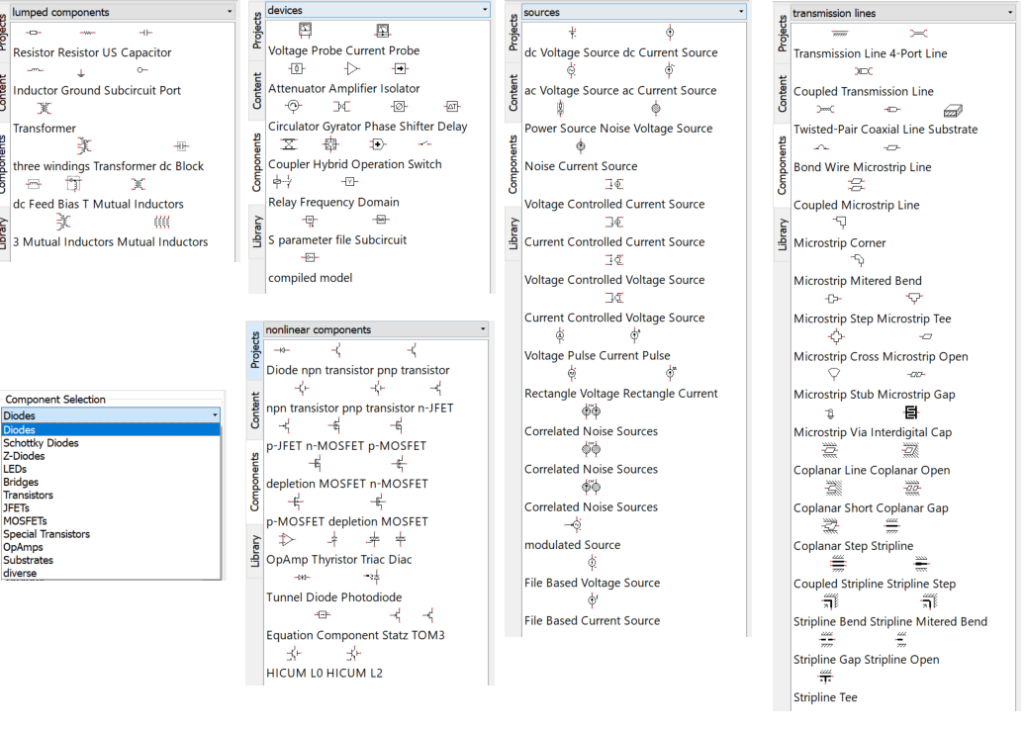 QucsStudio analog components. Componentes analógicos en QucsStudio.
