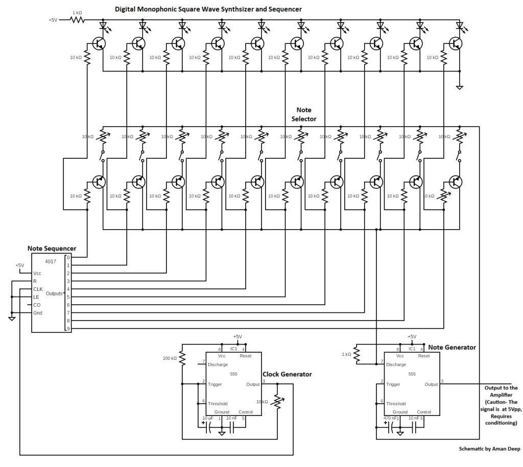 Schematic of 1 bit music synth. Esquemático de 1 bit sinte.